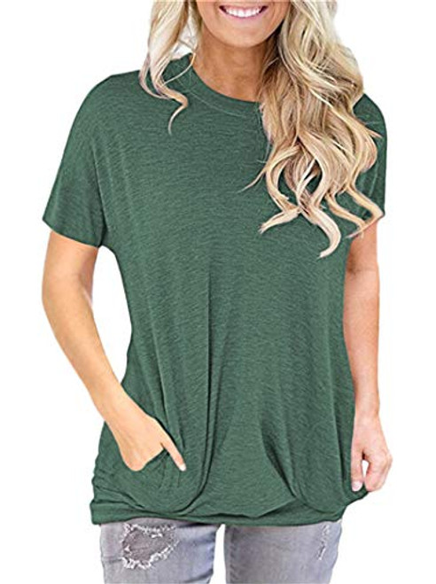 PLOKNRD Casual Loose Tops for Women Green Short Sleeve Solid Color Pocket Tee T Shirt Tunic L