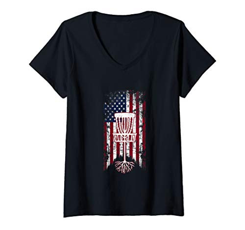 Womens American Flag Disc Golf Basket With Roots Love Disc Golfing V-Neck T-Shirt