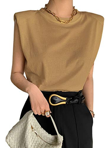 Meladyan Womens Solid Cotton Padded Shoulder Sleeveless Tee Vest Crew Neck Loose Tank Tops -Large- Khaki-