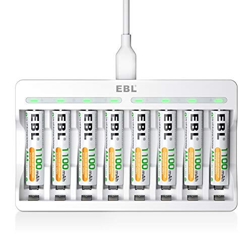 EBL Rechargeable AAA Batteries 1100mAh -8 Counts- and 8 Slot AA AAA Independent Rechargeable Battery Charger with 5V 2A USB Fast Charging Function