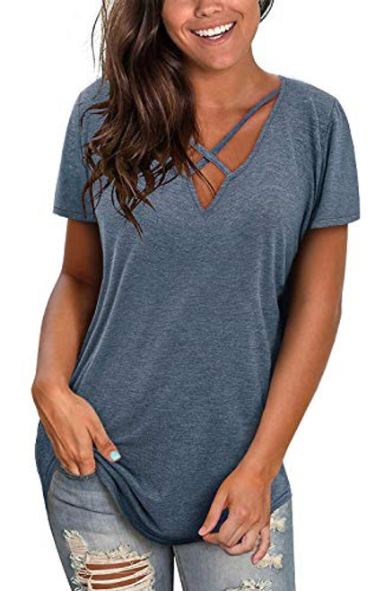 Womens Summer T Shirts Short Sleeve V Neck Tops Sexy Criss Cross T-Shirts Casual Loose Cotton Tees Blue Womens Summer T Shirts Short Sleeve V Neck Tops Sexy Criss Cross T-Shirts Casual Loose Cotton Tees Blue