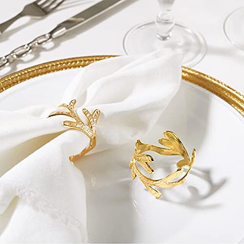 Gold Antler Napkin Rings Set of 4- Rustic Napkin Ring Holder for Dinning Tables- Parties- Weddings- Everyday- Branch Adornment for Table Settings- Handicraft Serviette Buckles Decor -Antler - Gold-