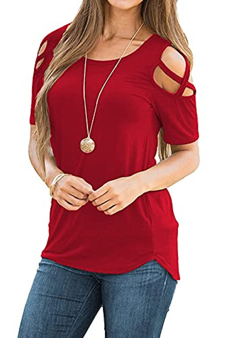 Sarin Mathews Womens Summer Strappy Cold Shoulder Short Sleeve Tunic Tops Casual Tees Loose Basic T Shirts Blouses Red XL Sarin Mathews Womens Summer Strappy Cold Shoulder Short Sleeve Tunic Tops Casual Tees Loose Basic T Shirts Blouses Red XL