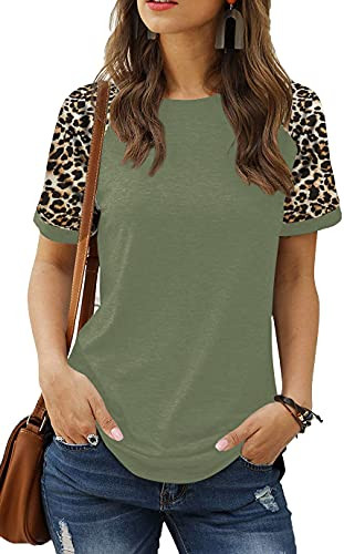 HARHAY Women's Leopard Print Color Block Tunic Round Neck Short Sleeve Shirts Striped Causal Blouses Tops Leopard/Olive Green M