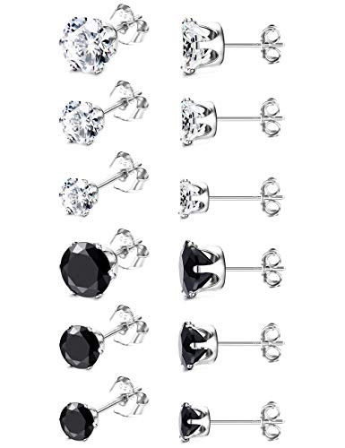 Fansilver S925 Sterling Silver Mens Womens CZ Stud Earrings Set Black and Clear 4mm 6mm 8mm Cubic Zirconia Inlaid Piercing Hypoallergenic Earrings Stud