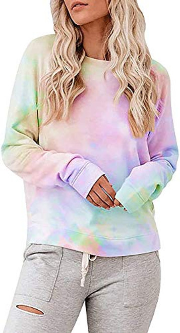 Aoymay Women's Tie Dye Sweatshirts Oversized Long Sleeve Crewneck Loose Fit Casual Pullover Yellow Green