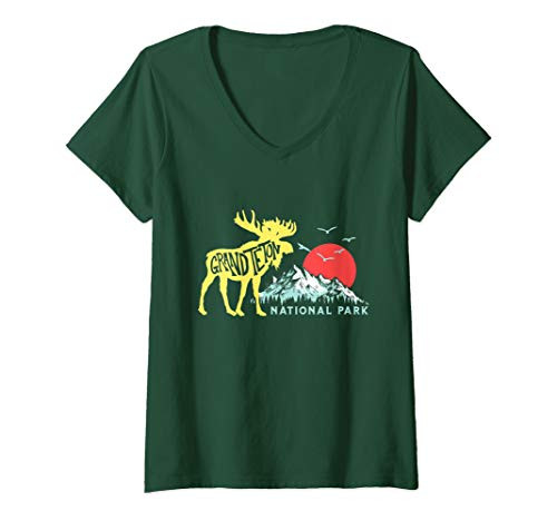 Womens Grand Teton National Park Moose  and  Mountains Typography V-Neck T-Shirt