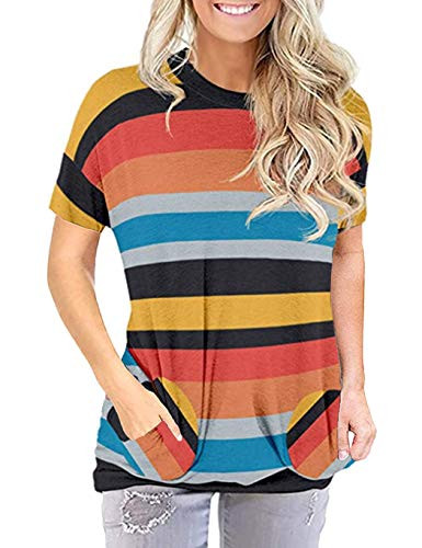 Unidear Womens Casual Loose Fit Tunic Top Baggy Comfy Blouse with Front Pockets Stripes Orange Large