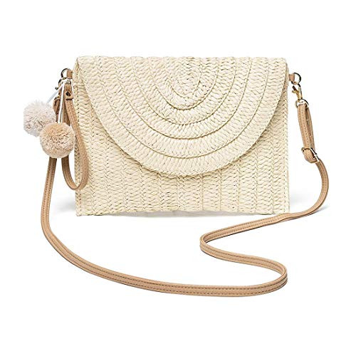 Women Straw Shoulder Bag Summer Beach Crossbody Bag Clutch Handbag Envelope Purse Messenger bag Straw Wallet -Beige-