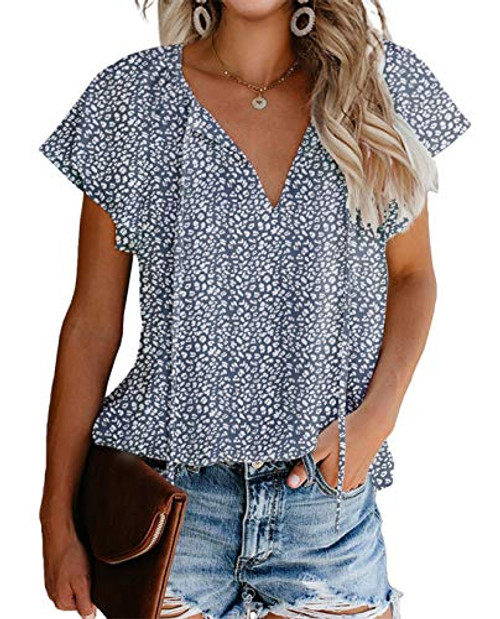 BIOHANBLE Womens Summer Cute Floral Ruffle Short Sleeve V Neck Casual Boho Loose Ladies Tops Shirts Blouses Blue BIOHANBLE Womens Summer Cute Floral Ruffle Short Sleeve V Neck Casual Boho Loose Ladies Tops Shirts Blouses Blue