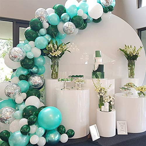 GIHOO 100pcs Balloon Garland Kit Green Metallic Chrome Balloon- Silver Confetti Balloon- White Balloon- Dark Green Balloon- 16Ft Arch Strip for Baby Shower Wedding Birthday Party Decoration -Green-