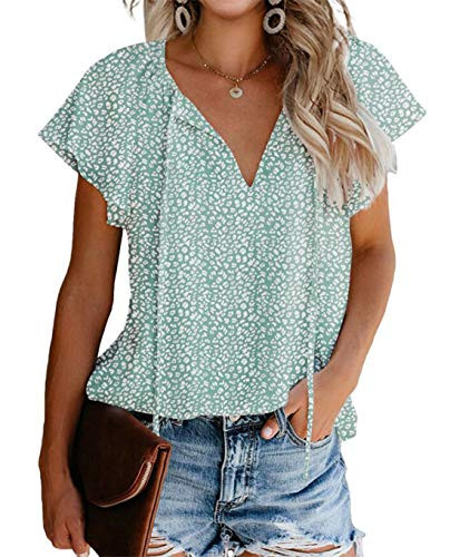 BIOHANBLE Womens Summer Cute Floral Ruffle Short Sleeve V Neck Casual Boho Loose Ladies Tops Shirts Blouses Light Green