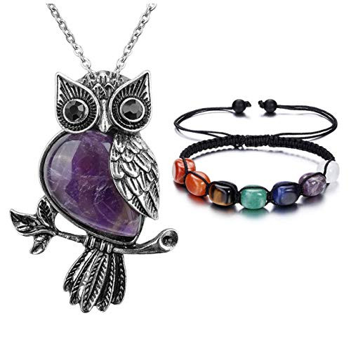 Top Plaza Bundle 2 Items- Owl Necklace Amethyst Healing Crystal Stone Pendant Reiki Spiritual Energy Gemstone Quartz Necklaces and 7 Chakra Stone Yoga Braided Rope Bracelet Top Plaza Bundle 2 Items- Owl Necklace Amethyst Healing Crystal Stone Pendant Reiki Spiritual Energy Gemstone Quartz Necklaces and 7 Chakra Stone Yoga Braided Rope Bracelet