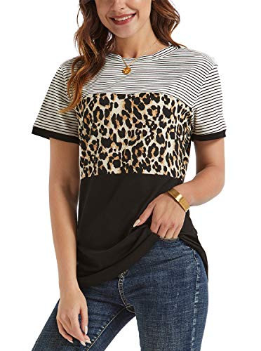 HARHAY Women's Leopard Print Color Block Tunic Round Neck Short Sleeve Shirts Striped Causal Blouses Tops H Stripe/Black-XL