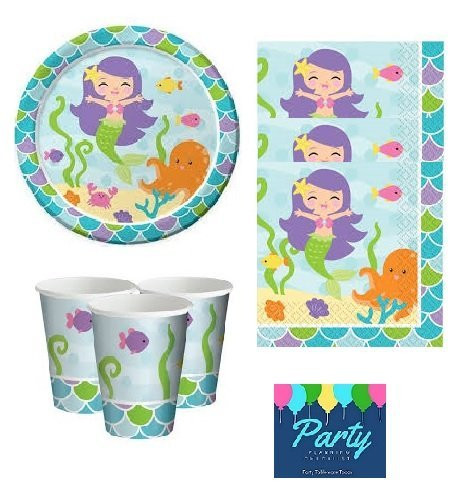 Mermaid Party Supplies Under the sea for 16 Guests Including: Matching Plates, Napkins and Cups