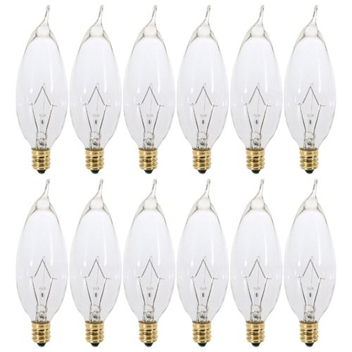 (Pack of 12) 25CFC - 25 Watt Clear Candelabra Base (E12) Flame Tip 120V Decorative Dimmable Chandelier Lights Bulbs