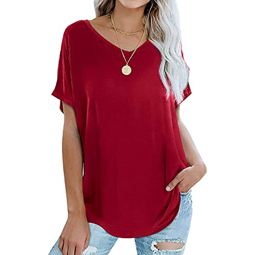 Women's Casual O-Neck Short Sleeve Solid T-Shirt Blouse Top Plus Size Womens Tops and Blouses Womens Blouses and Tops for Work Womens Denim Shirt-1-Red-L-