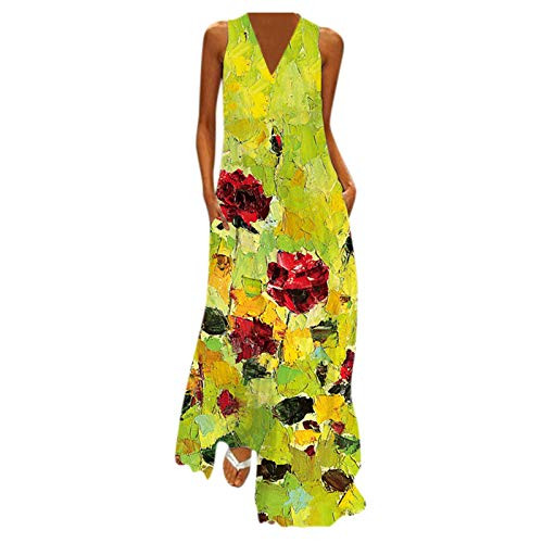 Dress for Women-Womens Summer V Neck Wrap Vintage Floral Print Short Sleeve Split Belted Flowy Boho Beach Long Dress Yellow