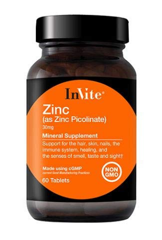 InVite Health Zinc Picolinate- 30mg- Support for The Hair- Skin- Nails- The Immune System- Healing- and The Senses of Smell- Taste and Sight- 60 Tablets -Pack of 1-