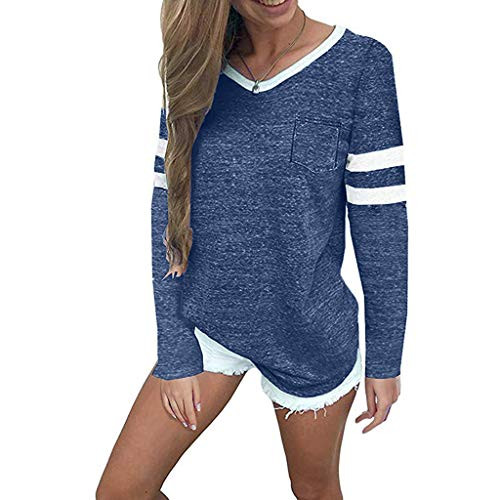 Meikosks Ladies Stripe Patchwork Long Sleeve T Shirt Casual Solid V Neck Tops Classic Pullover Navy