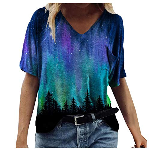 KEYEE Women T Shirts Colorful Print Cute Graphic Tees Summer Funny Casual Short Sleeve Tops T-Shirt Tunics Blue