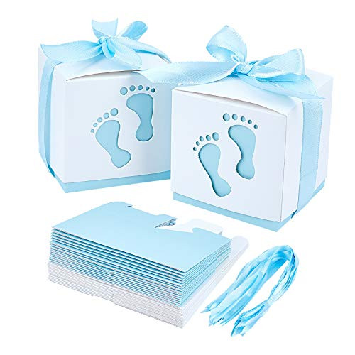 PH PandaHall 60 Sets Baby Shower Candy Boxes- Footprints Folding Boxes Blue Paper Gift Box with Ribbon Party Table Decor Birthday Party Gift Favor -2.4 x 2.4 x 2.4 Inch-
