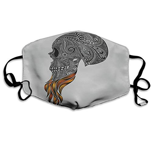 Comfortable Windproof mask?Indie?Abstract Skull with Floral Ornaments and Red Beard Patterns Punk-Black Pale Grey Orange?Printed Facial decorations for adult
