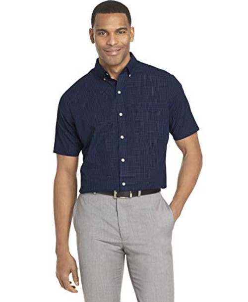 Van Heusen Men's Wrinkle Free Short Sleeve Button Down Check Shirt- Carbon Blue Minicheck- Large