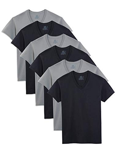 Fruit of the Loom Men's Stay Tucked V-Neck T-Shirt- Classic Fit - Black/Grey - 6 Pack- Large