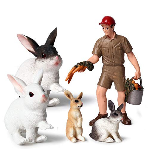 Hibon Animal Keeper with Farm Animals Figurines Simulated Farm Realistic Plastic Farmer Feeder Animals Figurines for Collection Educational Props -Feeder and Rabbit- Set of 5-