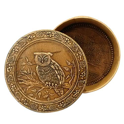 Round Decorative Trinket Birch Bark Wooden Box Animals -Owl on a branch-