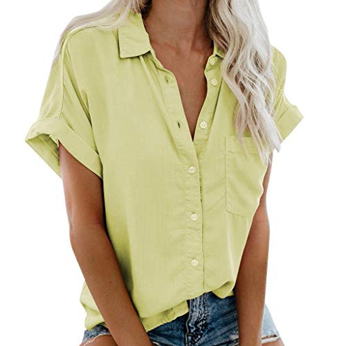Aniywn Women's Casual Short Sleeve Henley Shirt Button Down V Neck Solid Color Tops Blouse Summer Loose Blouse Yellow
