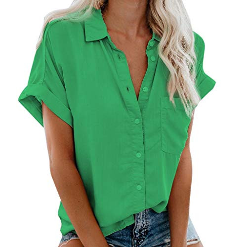 Aniywn Women's Casual Short Sleeve Henley Shirt Button Down V Neck Solid Color Tops Blouse Summer Loose Blouse Green