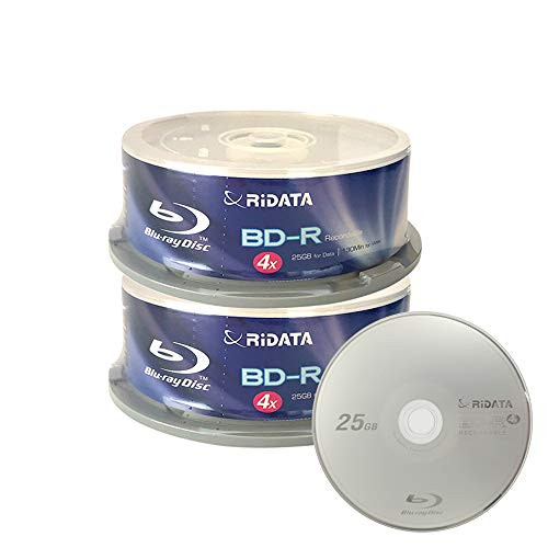 50 Pack Ridata 4X BD-R BDR 25GB Single Layer Blue Blu-ray Logo Recordable Blank Media Disc with Spindle Packing