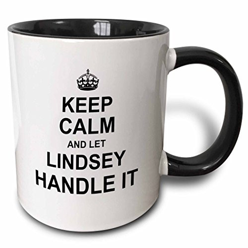 3dRose 233321_4 Keep Calm and Let Lindsey Handle it - funny personal name Ceramic Mug 11oz Black/White