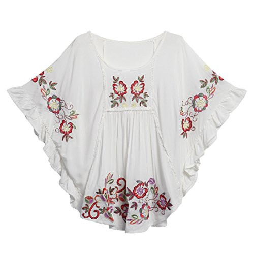 Kafeimali Women's Tops Batwing Floral Embroidered Loose Peasant Mexican Blouse -White-