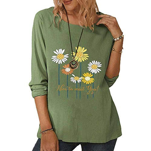 Floral Print Long Sleeve T Shirt for Women Casual Loose Blouse Tops Plus Size for Ladies -Green-3XL-
