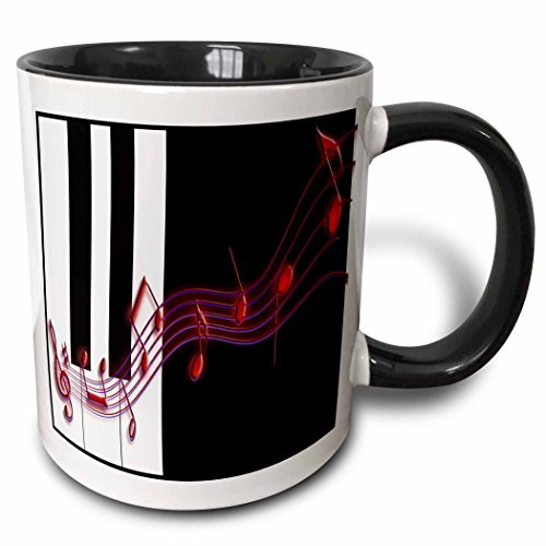 3dRose 18763_4 Red Music Notes on Piano Keys-Two Tone Black Mug 11-Ounce Multicolored