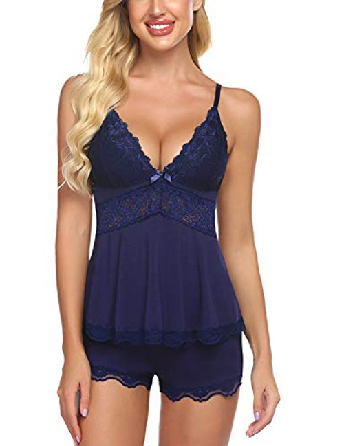 Avidlove Sleepwear Womens Sexy Lingerie Lace Pajamas Cami Shorts Set Nightwear Navy Blue S Avidlove Sleepwear Womens Sexy Lingerie Lace Pajamas Cami Shorts Set Nightwear Navy Blue S