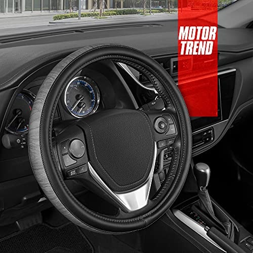 Motor Trend SoftTouch Wood Grain Steering Wheel Cover - Black Faux Leather Steering Wheel Cover with Gray Wood Trim- Universal Fit for Car Truck Van SUV Wheel Sizes 14.5 to 15.5 Inches