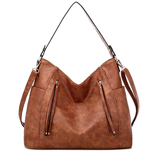 Hobo Handbags for Women- PU Leather Shoulder Bags Large-Capacity Popular Crossbody Bag Zipper Purses -Brown-
