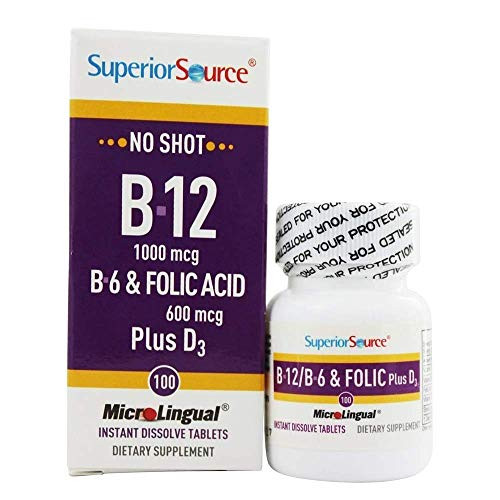 Superior Source No Shot Vitamin B12 Cyanocobalamin - B6 - Folic Acid - Vitamin D Instant Dissolve Tablets - Cyanocobalamin 1000 mcg Vit D 1000 IU - Active B12 Supplement Sublingual 100 Count