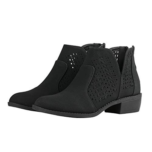 The Right Pair Women's Perforated Ankle Booties V Cutout Low Heel Chunky Stacked Boots Essie01 Black 8