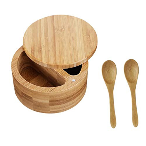 Cabilock 1 Set Wooden Salt and Spice Containers Condiment Jars with Lids and Spoons Bamboo Salt Sugar Spice Pepper Box Canisters Pots