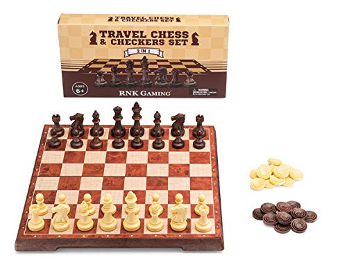 RNK Gaming Magnetic Travel Chess  and  Checkers Set with Folding Board