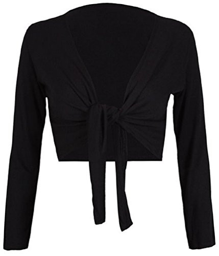 Miss High Street Womens Plain Long Full Sleeves Front Tie Knot Shrug Stretchy Cardigan Top Black