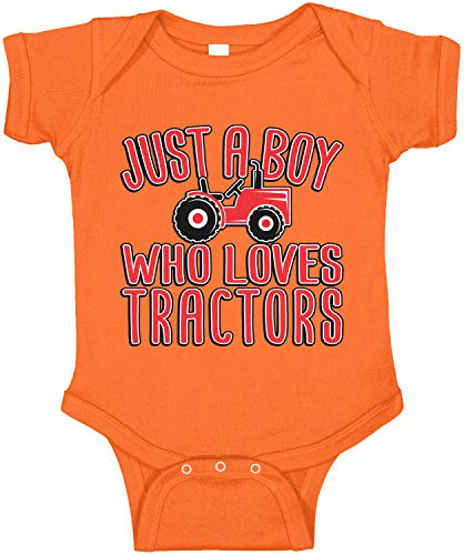 Amdesco Just A Boy Who Loves Tractors Infant Bodysuit- Orange 6 Month