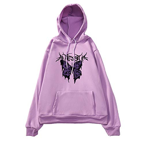 YAnGSale Women Hooded Sweatshirt Pocket Sweater Butterfly Printed Hoodies Casual Blouse Long Sleeve Shirt Solid Pullover -Purple- XL-