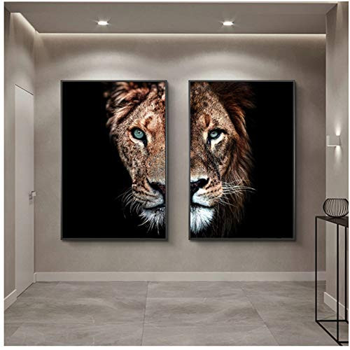African Wild Lion and Lioness Family Art Paintings Print on Canvas Art Posters and Prints Animals Lions Art Pictures Cuadros 40x60cm-16x24in-x2