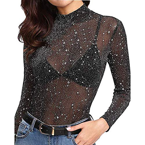 Kariwell Clearance Fashion Women Sexy Sequin See -Through Long Sleeve Glitter Top Mesh Sheer Shirt Blouse